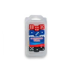 Noris 15 coloured plastic dice in clear container, featuring various colors and pips for board games.