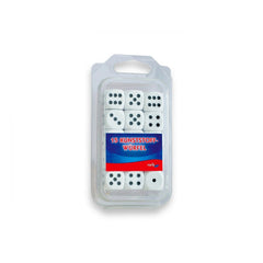 Noris 15 white plastic dice in a clear container with hinged lid labeled in German for board games.