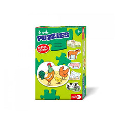 Noris 6 first puzzles featuring colorful farm animal illustrations aimed at young children in a bright, playful design.