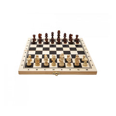 Noris Deluxe Chess set in wooden box, featuring black and white checkered board and intricately designed pieces.