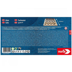 Noris Deluxe Chess set in a wooden box, featuring floral patterned packaging and Arabic text with safety icons.