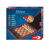 Noris Deluxe Magnetic Chess set in a blue wooden box, featuring a checkerboard and various colored pieces.