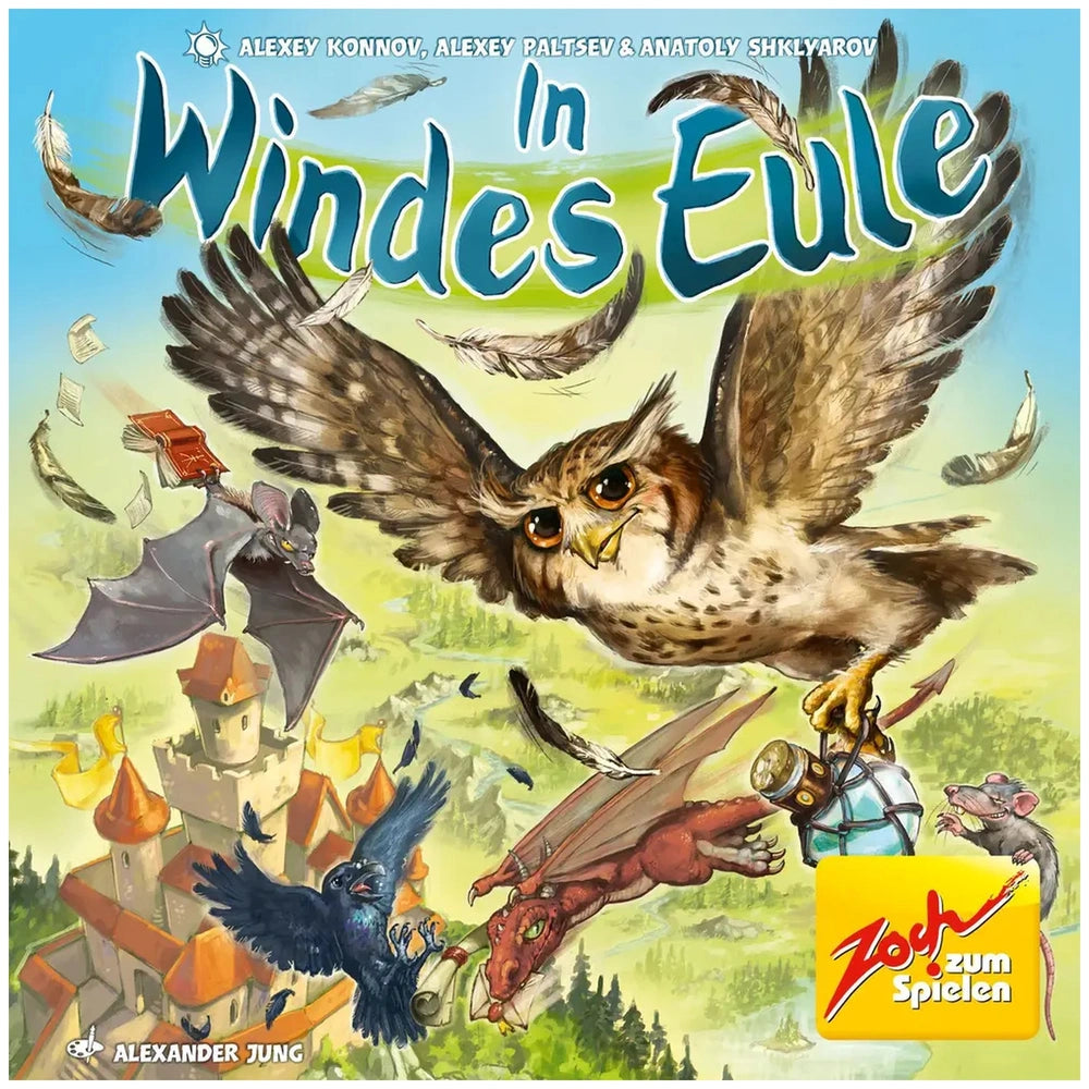 Noris Windes Eule board game features vibrant illustration of owls and eagles in flight against a colorful sky and landscape.