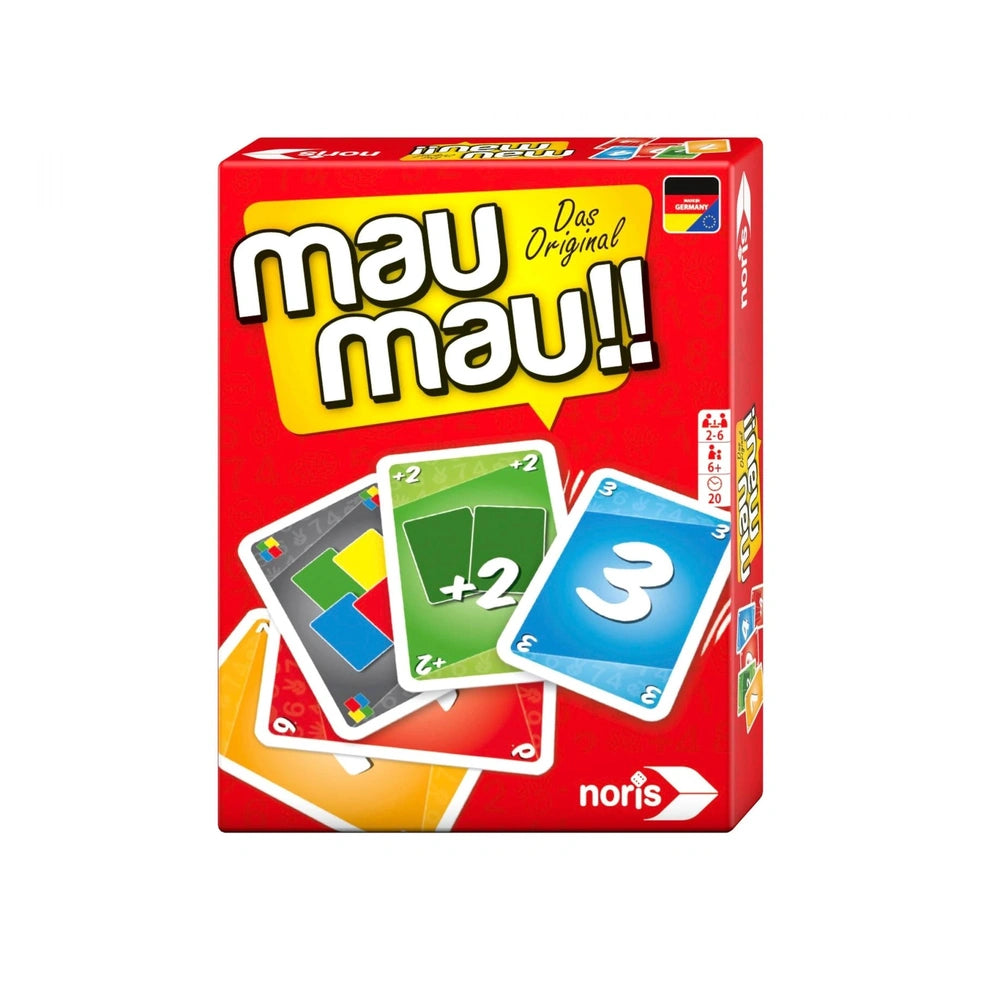 Noris Mau Mau board game box featuring bright colors, large title, and visible cards through a clear window.