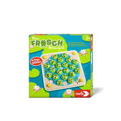 Noris My Frog Memory Game packaging with playful frog design, aimed at children 3+, featuring vibrant colors and fun illustra