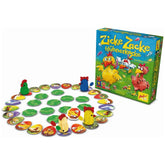 Noris Zicke Zacke Huhnerkacke board game featuring colorful cartoon chickens and a bright game box on a white background.