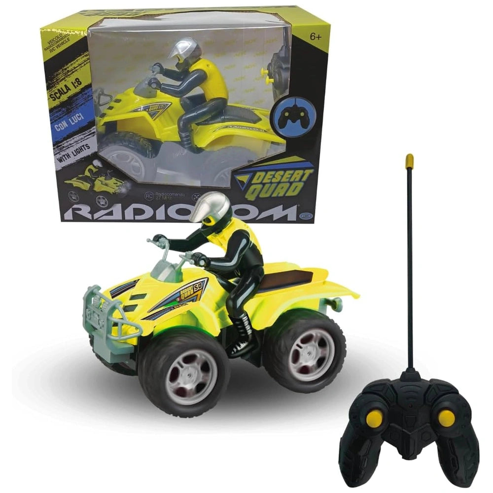 ODS - RCRadiocomDesertQuad18 toy quad bike in yellow and black packaging with remote control, glossy cardboard finish.