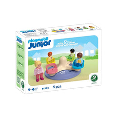Playmobil Junior Number Merry-Go-Round toy packaging features a white cardboard box with a clear plastic window and colorful
