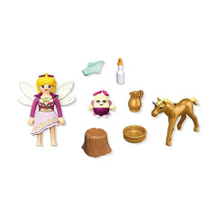 Playmobil Magic Unicorns toy playset features a plastic doll with a satin-like dress, cotton-blend wings, and glossy hair.