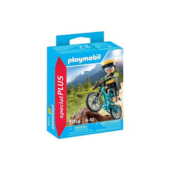 PLAYMOBIL Mountain Biker toy playset packaging features blue box with red and white label, child on bicycle, and French text.