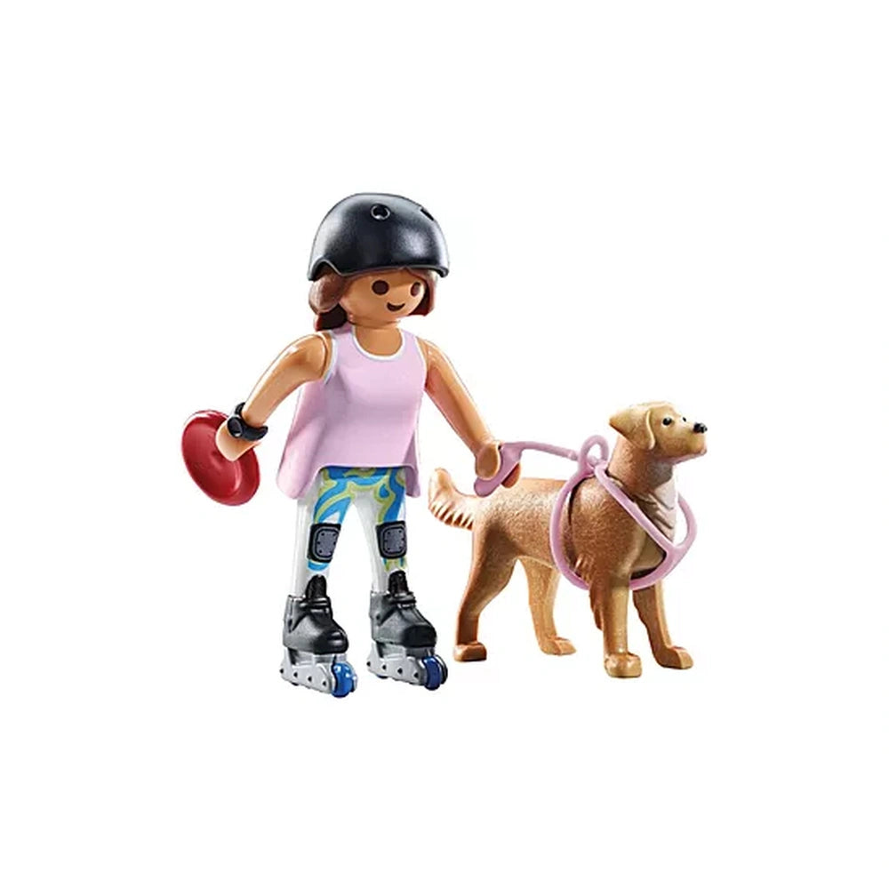 Playmobil My-Life-Skater toy features a figure in a pink outfit with rollerblades and a brown dog on a pink leash.