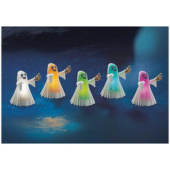 Playmobil Novelmore Starter Pack features five ghost toys with white sheet bodies and pastel-colored arms on a dark blue surf