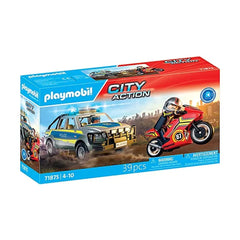 Playmobil Police Chase toy playset in red cardboard packaging with glossy finish, featuring a blue and yellow police car.