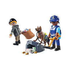Playmobil Police-Search-With-Dog set features a toy police officer in blue uniform with a brown toy dog, equipped with variou