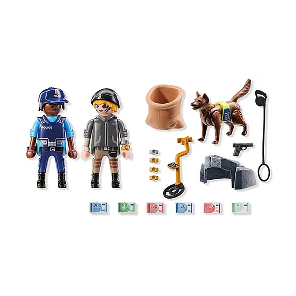 Playmobil Police-Search-With-Dog set featuring a matte-finish police officer, glossy dog, and accessories in vibrant colors.