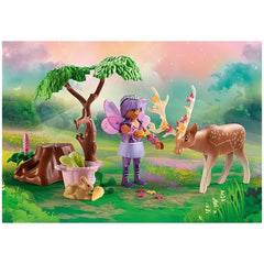 Playmobil Princess Magic toy playset packaging features a fairy, deer, and rabbit against a colorful gradient background.