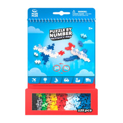 Plus Plus Transportation Activity Pad featuring a blue spiral-bound notebook, 125 colorful puzzle pieces, and age 5+ indicati