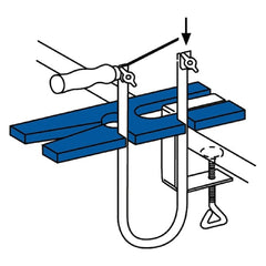 Fretwork saw attached to a blue workbench, secured with a clamp, showing assembly steps.