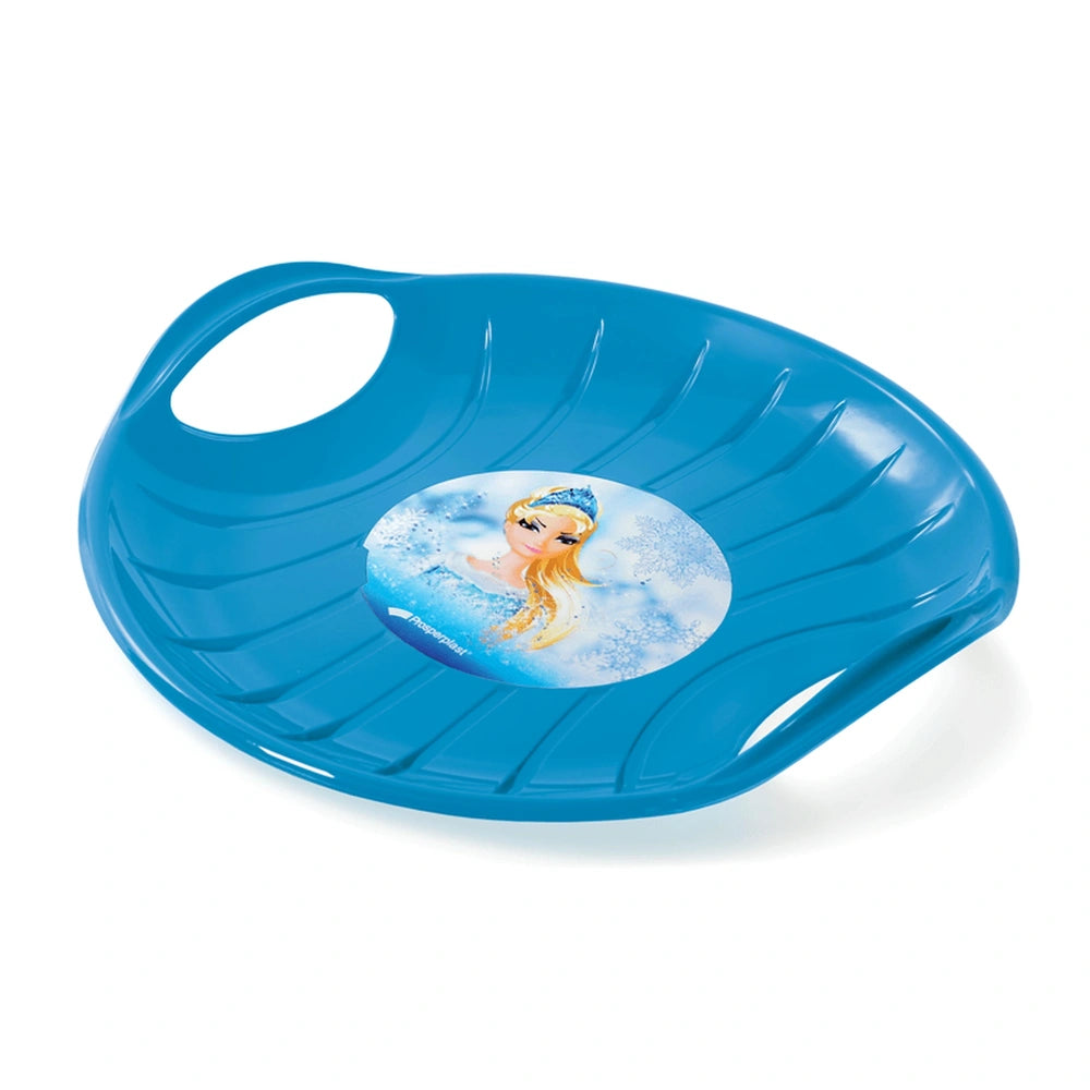 PROSPERPLAST Speed M Slider in blue glossy plastic featuring a central circular cutout and a character graphic in an ocean sc