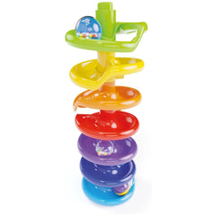 Quercetti Spiral Tower features a stack of colorful plastic rings in red, orange, yellow, blue, purple, and pink with a clear