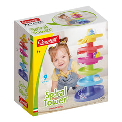 Quercetti Spiral Tower baby activity toy in colorful design, featuring a transparent window and green text on white packaging