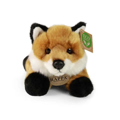 plush fox stuffed animal with a soft texture, featuring brown, white, and black colors, facing the camera against a light bac
