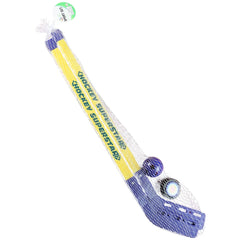 Hockey stick with a yellow and blue design, featuring a white net with black mesh, positioned upright against a light backgro