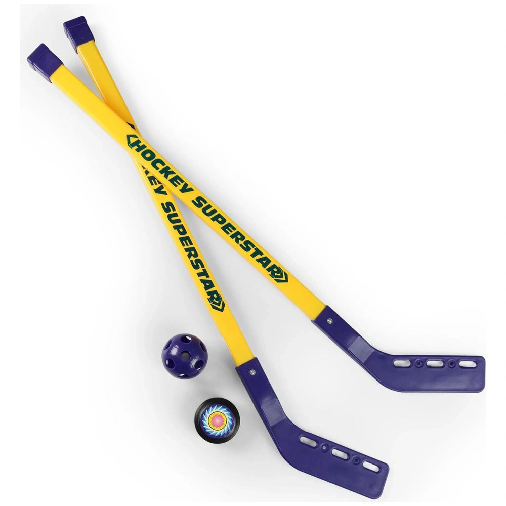 Hockey sticks set in yellow with blue handles and a blue puck featuring a red and white design, ideal for practice.