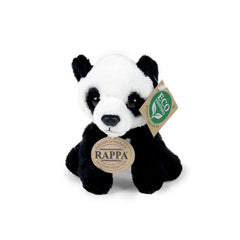 Plush panda toy with black and white fur, round face, and eco-friendly tag, positioned upright against a white background.
