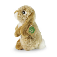 Plush beige hare stuffed animal, 18 cm, with eco-friendly tag, sitting upright against a plain white background.