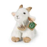 Plush goat stuffed animal with white fur, beige ears and feet, black eyes, and an eco-friendly tag.