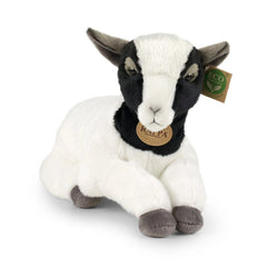 Rappa plush goat, 30 cm, features a white body with black markings, gray feet, and a black collar with a green tag.