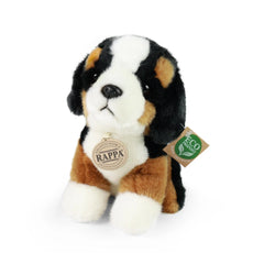 Plush mountain dog stuffed animal with brown and white fur, soft texture, and an "ECO FRIENDLY" tag on its collar.