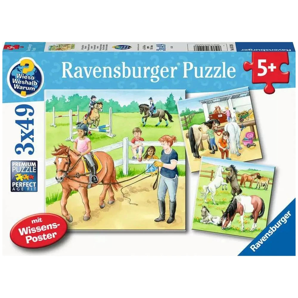 Ravensburger puzzle box features colorful illustrations of children and horses, designed for engaging play with 3x49 pieces.