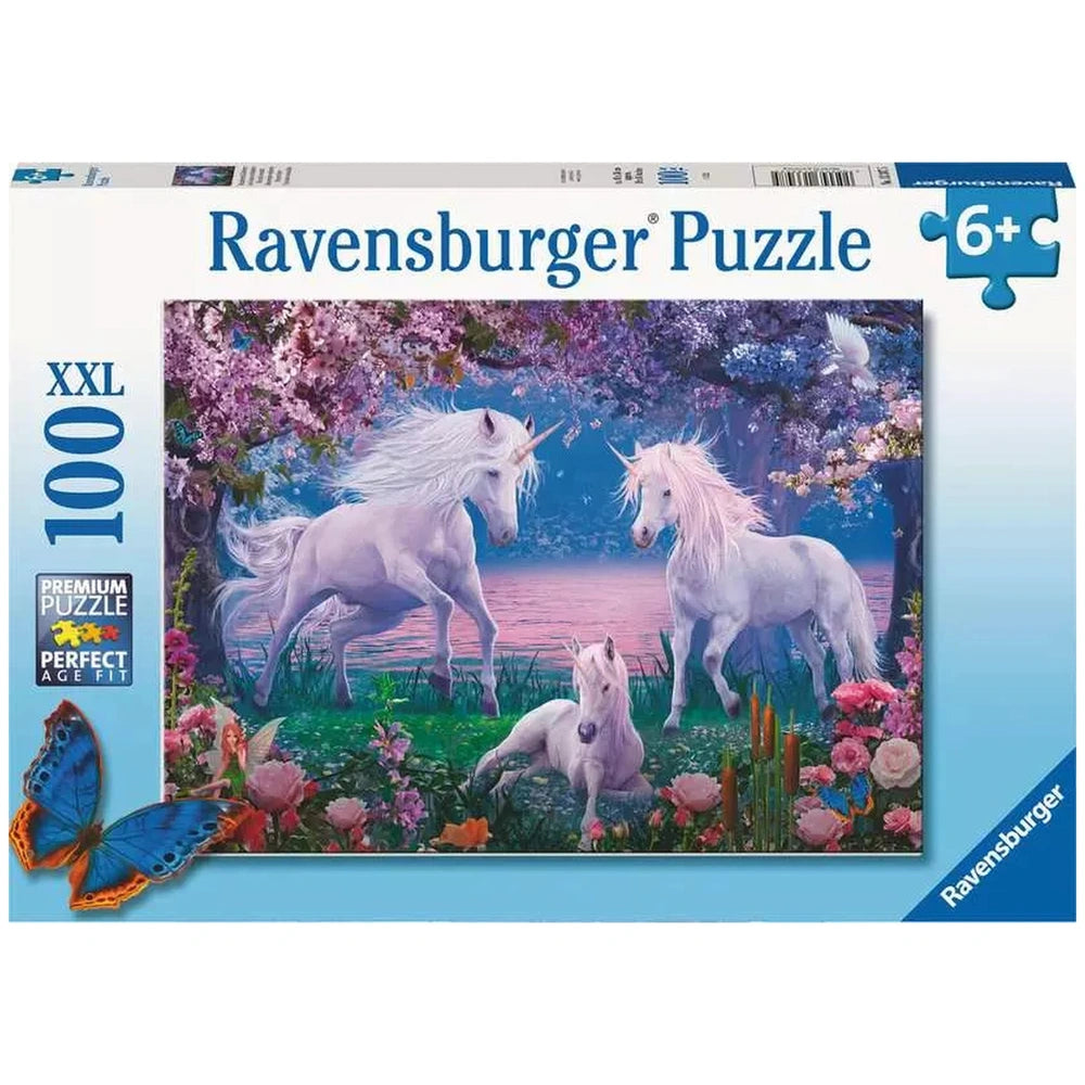 Ravensburger puzzle box featuring a fantasy scene with two white unicorns, a fairy, and a colorful landscape.