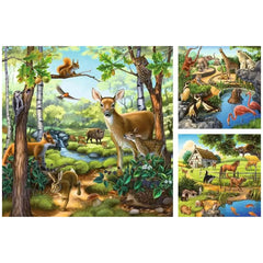 Ravensburger puzzle features three vibrant animal scenes showcasing deer, squirrels, birds, and fish in natural settings.