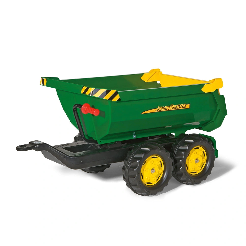 Rollyhalfpipe John Deere trailer features a green plastic body, yellow wheels, and a scoop with a red lever for dumping.