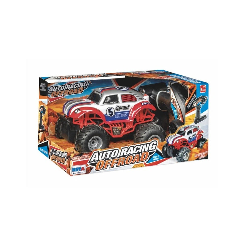 RS Toys Auto Racing Monster Truck packaging showcases a red toy car with large black wheels and vibrant white and blue accent