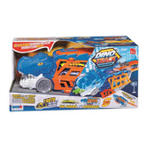 Dino Track Play Set features a colorful box with a blue and orange dinosaur theme and toy car, highlighting parking positions
