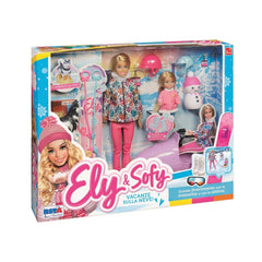 RS Toys Ely Sofy Winter Vacation Snowmobile Set features a blonde doll in a pink jacket with accessories like a sled and snow