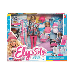 RS Toys Ely Sofy Winter Vacation Snowmobile Set features dolls in winter attire with accessories like skis and a snowboard in