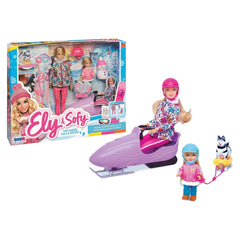 RS Toys Ely Sofy Winter Vacation Snowmobile Set features a doll in a pink helmet on a purple scooter with accessories.