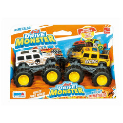 RS Toys 4x4 Drive Monster truck packaging showcases a vibrant design with a yellow and black truck on a dirt surface.