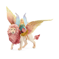 Fairy in flight on a pink winged lion, featuring detailed textures and glossy finishes on their bodies and wings.
