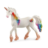 Rainbow Love Unicorn Mare figurine features a shiny white body with a vibrant rainbow mane, tail, and heart-shaped tail decor