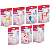 Schleich Bayala Unicorn Crystals toy packages display six colorful unicorns on glossy, vibrant backgrounds.