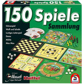 Schmidt Spiele's "150 Spiele Sammlung" box features colorful game pieces and illustrated cards, showcasing a variety of games