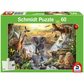 a vibrant jungle scene featuring animals like elephants, giraffes, and zebras, designed for children aged 5 and up.