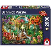 Schmidt Spiele Atrium 2000-piece puzzle box features a vibrant jungle scene with plants, flowers, and a waterfall illustratio