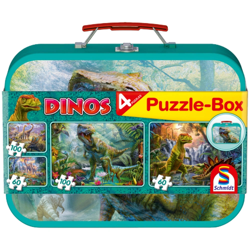 Schmidt Spiele Dinos puzzle box features colorful dinosaur designs, 100 white puzzle pieces, and a glossy green cardboard cas